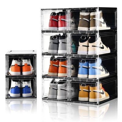 Amllas 10 Pack Shoe Boxes Stackable,Upgraded Sturdy Storage Boxes with Clear Magnetic Door,Multifunctional Sneaker Organizer Fit up to US Size 12 (13.8x 9.84x 7.1)