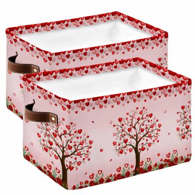Valentine's Day Storage Basket for Shelves, Red Love Tree Rose Flowers Pink Ombre Storage Cube Fabric Storage Bins, Closet Organizers with Handles for Book, Toys, Cloth, 15x11x9.5 Inch