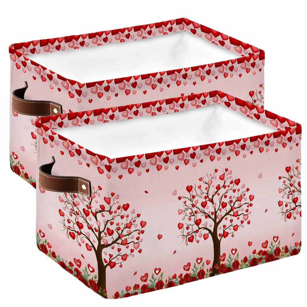 Valentine's Day Storage Basket for Shelves, Red Love Tree Rose Flowers Pink Ombre Storage Cube Fabric Storage Bins, Closet Organizers with Handles for Book, Toys, Cloth, 15x11x9.5 Inch