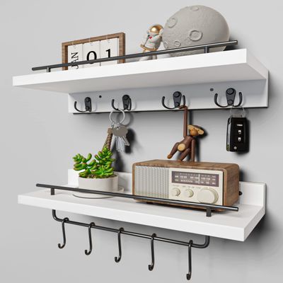 Beskadi 2 Floating Shelves with Hooks, Wall Mounted Coat Rack, Bathroom Shelf with Removable Towel Bar, Hanging Shelves with 9 Hooks, White
