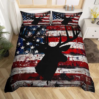 American Flag Bedding Set for Girls Boys Kids Deer Comforter Cover Set Room Decorative Antlers Duvet Cover Farmhouse Deer Hunting Red Blue Bedspread Cover Room Decor Quilt Cover King Size