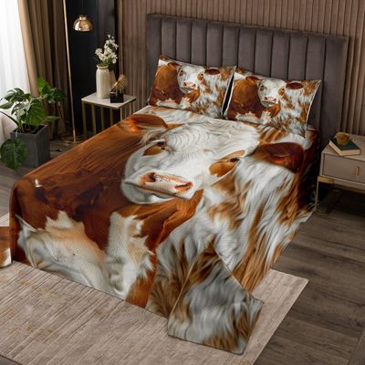 Feelyou Cow Bedspread for Girls Boys Kids Cow Fur Quilted Coverlet Room Decorative Cowhide Coverlet Set Farmhouse Western Farm Animal Skin Yellow Quilted Room Decor Queen Size