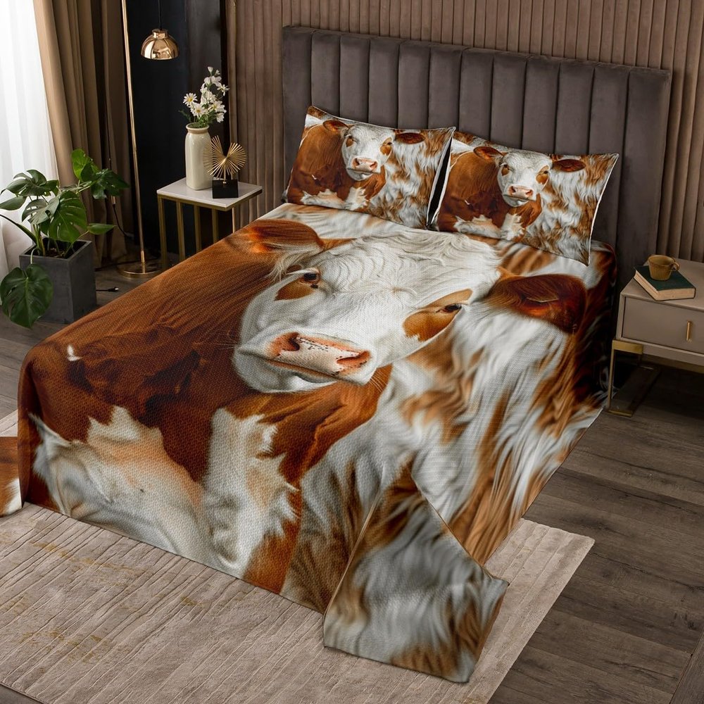 Feelyou Cow Bedspread for Girls Boys Kids Cow Fur Quilted Coverlet Room Decorative Cowhide Coverlet Set Farmhouse Western Farm Animal Skin Yellow Quilted Room Decor Queen Size
