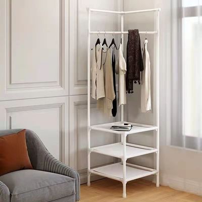 LITFAD Metal Coat Hanger Shelves and Hanging Rail Corner Coat Rack Industrial Hall Floor Standing Hanger - White 3 Layer