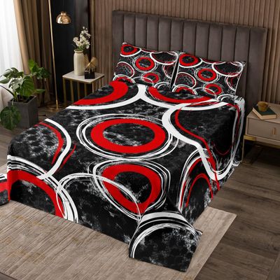 Feelyou Bedspread Cow Fur Quilted Coverlet for Kids Teens Geometric Circle Coverlet Set Grey Red Quilted Room Decor Bedroom Queen Size