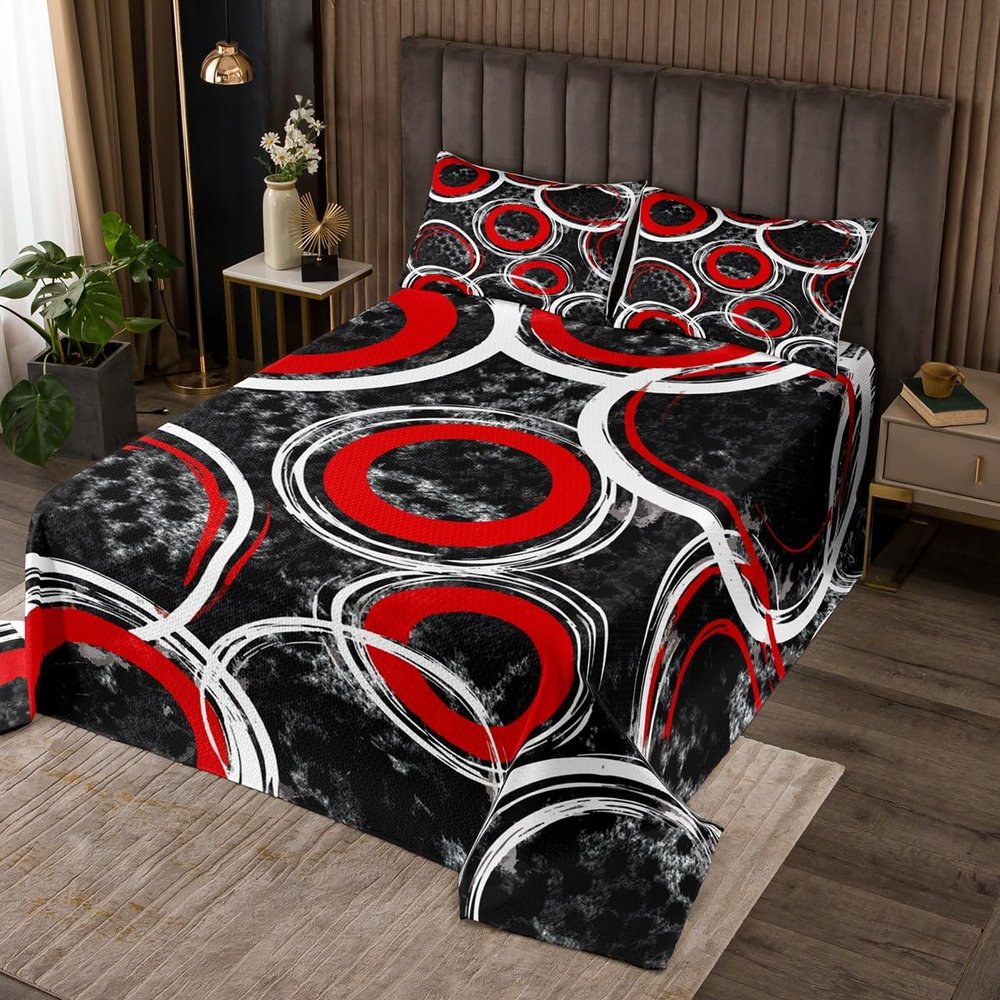 Feelyou Bedspread Cow Fur Quilted Coverlet for Kids Teens Geometric Circle Coverlet Set Grey Red Quilted Room Decor Bedroom Queen Size