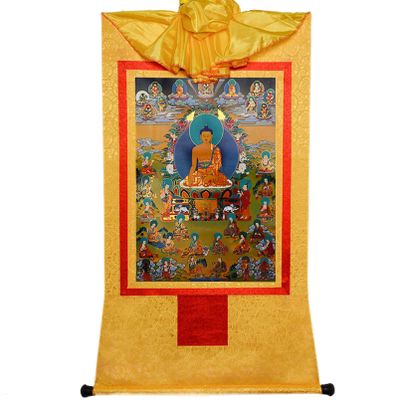 Shakyamuni Tibetan Thangka Tapestry Embroidery Painting Handmade Buddhist Thangka Brocade for Yoga Bedroom Decoration (Color : Gold, Size : Medium)