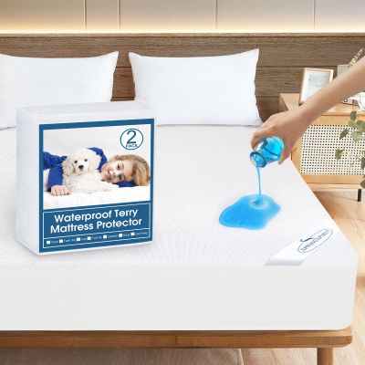 2 Pack Twin Extra Long (XL) Waterproof Mattress Protector, Premium Terry Twin XL Sheets Fitted up to 14'' Depth Pocket, Ultra Soft and Breathable Mattress Topper Pad Cover XL Twin, Noiseless White