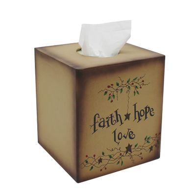 CVHOMEDECO. Primitives Square Tissue Box Cover Rustic Faith Hope Love Cardboard Tissue Box Holder for Home/Bath Decor, 5-1/4 x 5-1/4 x 6 Inch