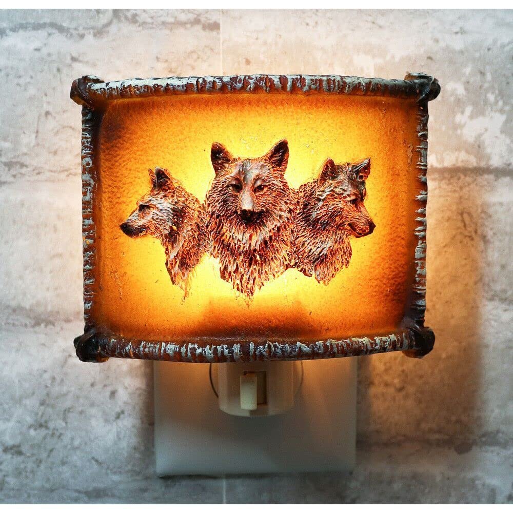 1 Pcs of Rustic Western Wolfpack Gray Wolves Faux Birchwood Wall Plug in Night Lights