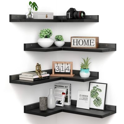 4 Tier Floating Corner Shelves Black Set of 4, Rustic Pine Wooden Floating Corner Wall Shelf for Wall Dcor Storage, L Shaped Corner Shelf Wall Mount For Bedroom, Living Room, Bathroom, Kitchen.
