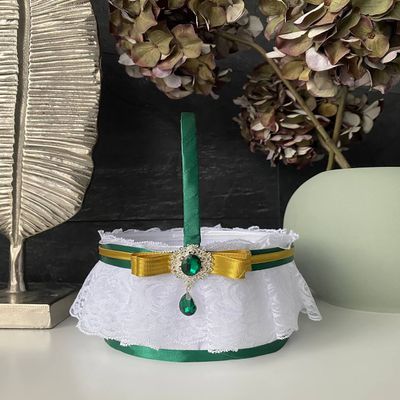 Vizzara, Flower girl basket Green and gold wedding, Flower basket Emerald green, Basket Green and gold wedding, Wedding basket Gold
