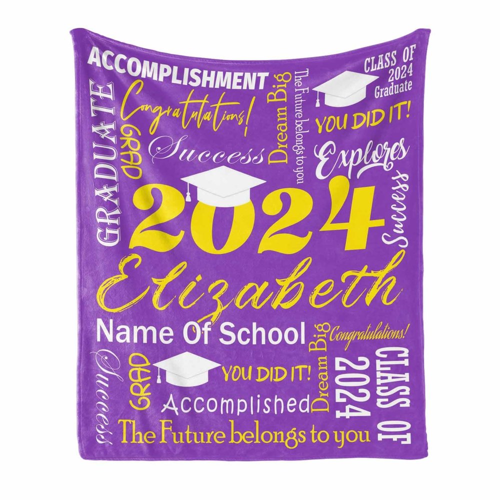 MyPupSocks Personalized 2024 Graduation Blanket with Graduate Name and School Name Purple 50"x60" - Custom Graduation Throw Blanket Gifts for Classmates & Friends Summer Gifts