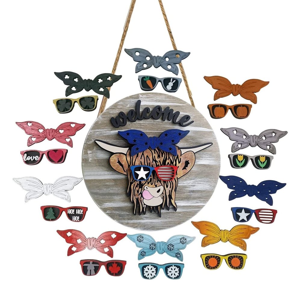 MOCIUN 10PCS Interchangeable Door Hanger Cow Eye, Farmhouse Door Hanging, Cow Door Hanger, Catching Front Door Hanging Decoration, for Easter Independence Day, Thanksgiving Day, Valentine's Day (A)