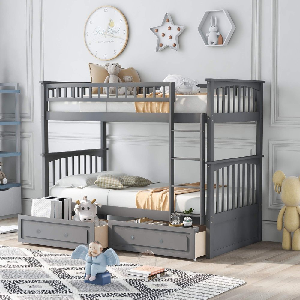 Merax Twin Over Twin Soild Wood Bunk Bed with Two Storage Drawers, Built-in Ladder and Safety Guardrail, Convertible Bunk Bed for Teens, No Box Spring Needed, Grey