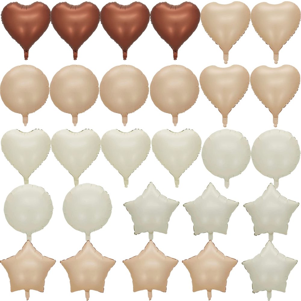 28Pcs 18in White Sand Balloons Foil Mylar Brown Tan Cream Neutral Balloon Caramel Boho Beige Star Balloons Heart Balloon Party Favors for Baby Shower Wedding Birthday Party Decorations