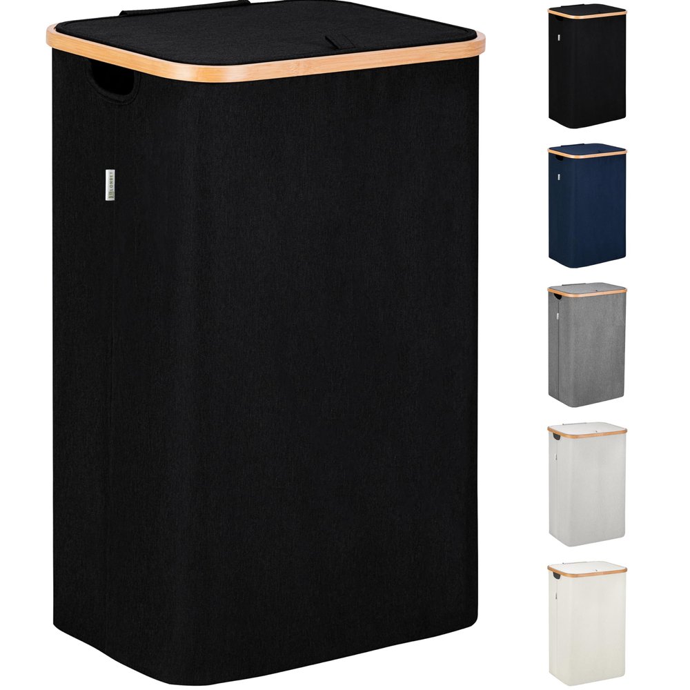 LONBET Laundry Basket with Lid, Made from Breathable Fabric | Aesthetic Clothes Hampers for Laundry with Side Handles & Sturdy Bamboo Frame (26 Gallons - Single, Black)