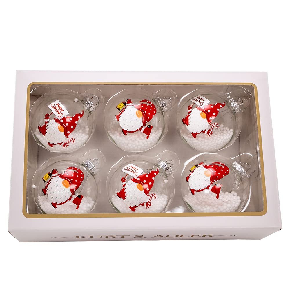 Kurt Adler 80MM Glass Transparent Gnome 6-Piece Ball Ornament Set