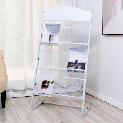ZJKXJH Magazine Display, Movable Brochure Stand Floor Standing Literature Rack, Metal Newspaper Holder for Products Exhibition Fairs Show (Color : White, Size : LxWxH 63x38x125cm)