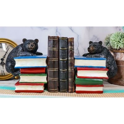 2 Figurine Set Rustic Wildlife Bear Cubs Climbing Stack of Books Bookends