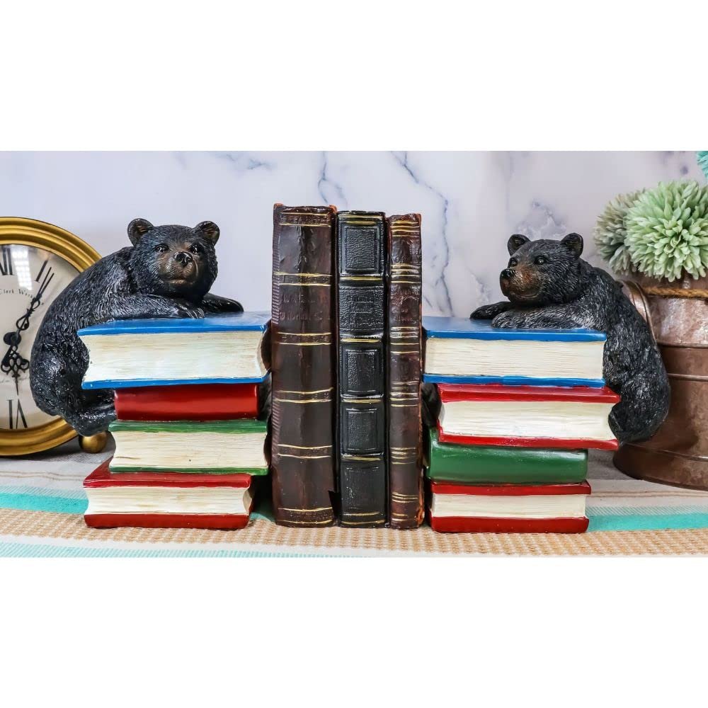 2 Figurine Set Rustic Wildlife Bear Cubs Climbing Stack of Books Bookends
