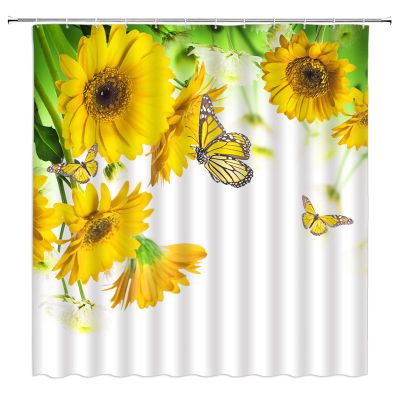 ABONAN Sunflower Shower Curtain Butterfly Rustic Floral Yellow Floral Green Leaves Country Natural Garden Landscape Vintage Farmhouse Fabric Bathroom Curtains Decor Set with Hook (67" Wx70 H)