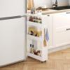XYZLVSI Slim Storage Cart, 5 in Width, 4-Tier White Rolling Cart with Handle & Wooden Top for Kitchen Bathroom Laundry Narrow Places view 2