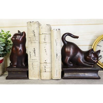 1 Set of Sitting and Crouching Cat Resin Bookends 7" Tall Abstract Cat Statue