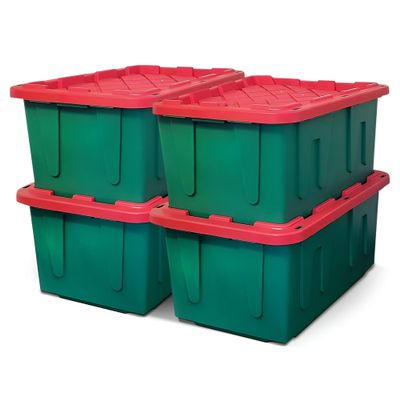 HOMZ 4-Pack Durabilt, Heavy Duty Plastic Storage Bins with Lids, 27 Gallon, Red/Green - Stackable Container Boxes for Holiday, Attic, and Garage Organization