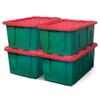 HOMZ 4-Pack Durabilt, Heavy Duty Plastic Storage Bins with Lids, 27 Gallon, Red/Green - Stackable Container Boxes for Holiday, Attic, and Garage Organization view 1
