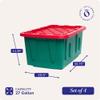 HOMZ 4-Pack Durabilt, Heavy Duty Plastic Storage Bins with Lids, 27 Gallon, Red/Green - Stackable Container Boxes for Holiday, Attic, and Garage Organization view 4
