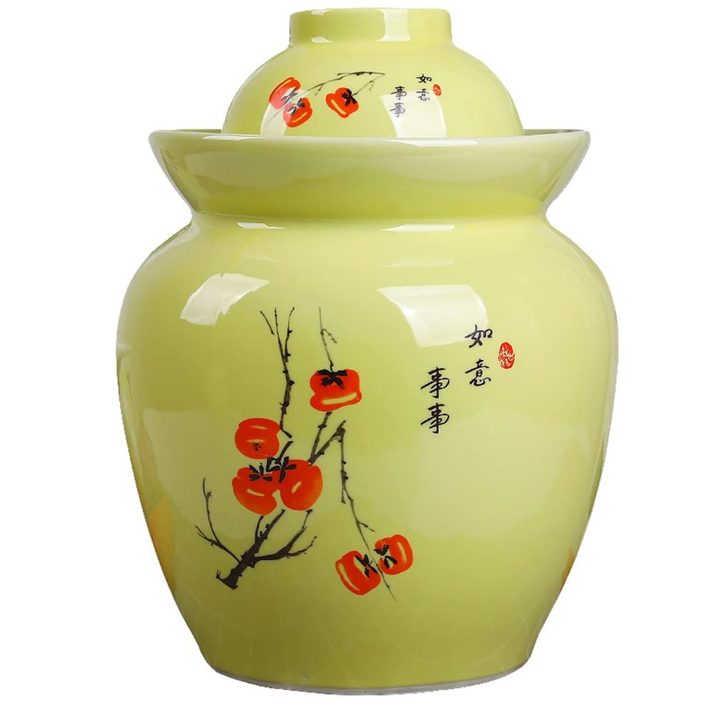 QPZK Yellow Traditional Chinese Porcelain Pickle Jar, Ceramic Fermentation Crock Pickling Pot,Fermenting Jar with Water Seal Airlock Lid Stoneware Fermenter for Kimchi Sa 7KG