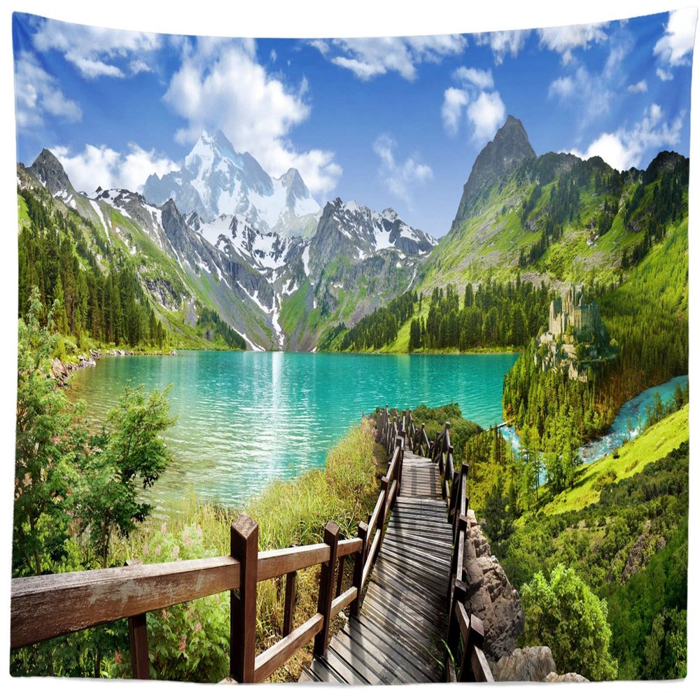 BELECO Mountain Lake Tapestry 176x96 Inch Alps Mountain Scenery Tapestry Wall Hanging Green Lake Wooden Bridge Trees Forest Nature Landscape Tapestry Wall Decor for Home Bedroom Living Room Dorm