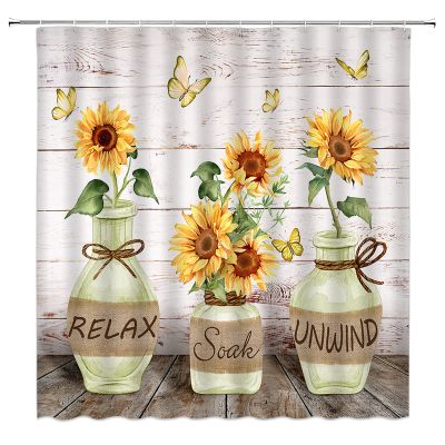 ABONAN Farmhouse Sunflower Shower Curtains Rustic Floral Butterfly Fabric Bathroom Curtains Decor Set with Hook(67" Wx70 H)