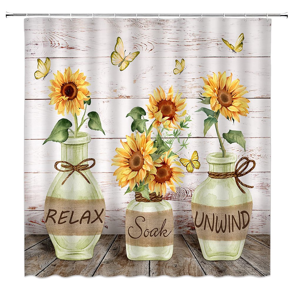 ABONAN Farmhouse Sunflower Shower Curtains Rustic Floral Butterfly Fabric Bathroom Curtains Decor Set with Hook(67" Wx70 H)
