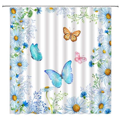 ABONAN Blue Butterfly Shower Curtain Watercolor Flower Floral Monarch Spring Butterflies Wings Animal Fantasy Bloom Daisy Blossom Wildflower Fabric Bathroom Curtains Decor Set with Hook(67" Wx70 H)