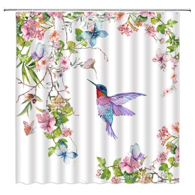 ABONAN Flower Hummingbird Shower Curtain Watercolor Birds Cute Spring Retro Colorful Floral Plant Watercolor Natural Plants Fabric Bathroom Curtains Decor Set with Hook(67" Wx70 H)