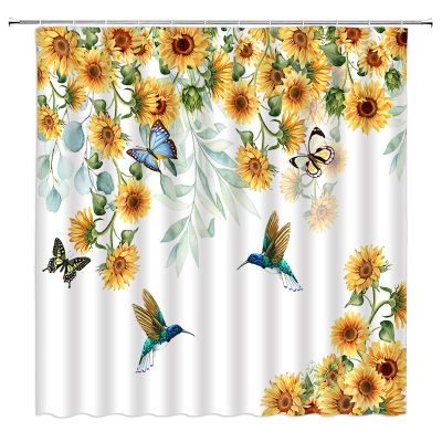 ABONAN Sunflower Hummingbird Shower Curtain Rustic Watercolor Yellow Flower Butterfly Country Farmhouse Vintage Fabric Bathroom Curtains Decor Set with Hook(67" Wx70 H)