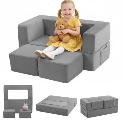 MeMoreCool Kids Play Couch Sofa Grey Modular Convertible Foam Couch Soft Fold-Out Toddler Seating for Creative Play, Reading, Resting & Playroom Fun