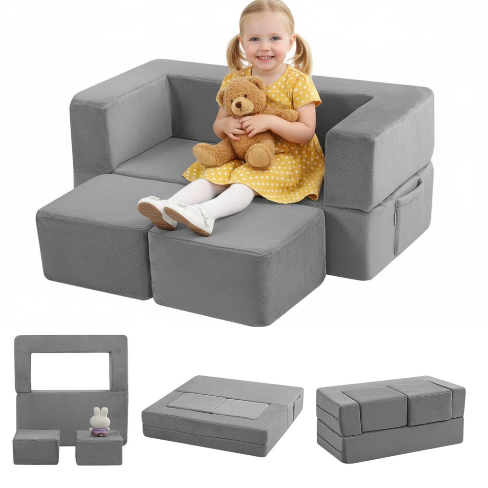 MeMoreCool Kids Play Couch Sofa Grey Modular Convertible Foam Couch Soft Fold-Out Toddler Seating for Creative Play, Reading, Resting & Playroom Fun