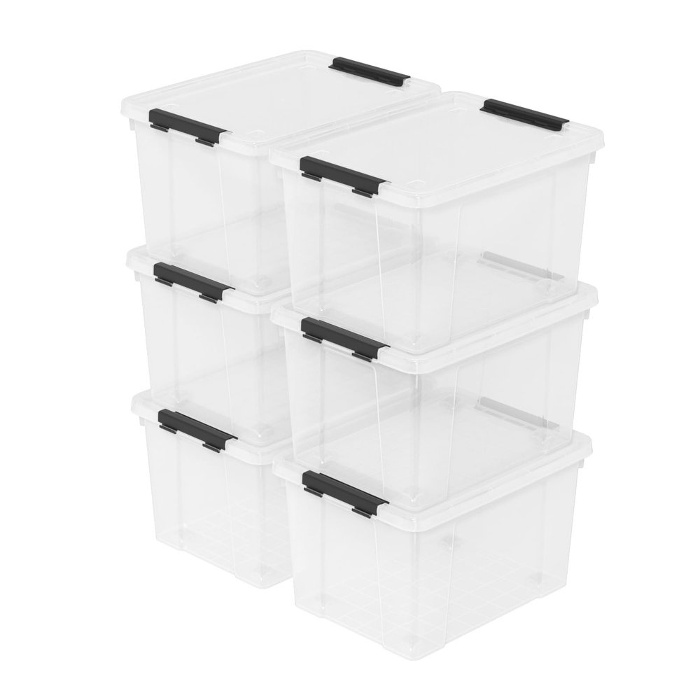 Sandmovie 6 Pack 22 Quart Clear Plastic Storage Bins with Wheels & Latching Lids - Stackable Organizer for Home, Dorm, Office & Pantry