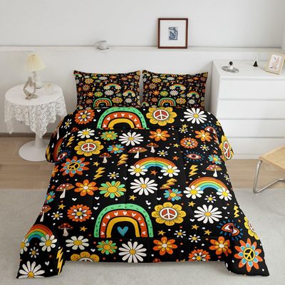 Funky 60s 70s Comforter Set for Kids Boys Girls,Groovy Flower Bedding Set Full,Colorful Hippie Floral Quilt Set Cartoon Rainbow Planet Mushroom Daisy Cherry Love Peace Duvet Insert with 2 Pillowcases