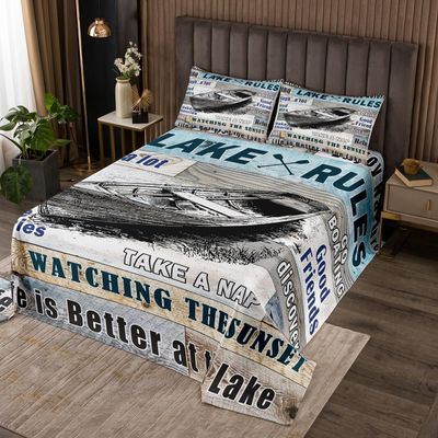 Manfei Lake House Theme Kids Bedspread King Size,Boating Fishing Happy Camping Coverlet Set,Girls Boys Adults Room Decor,Old Wooden Board Quilted Coverlet,Rustic Farmhouse Bedding Quilt,2 Pillowcases