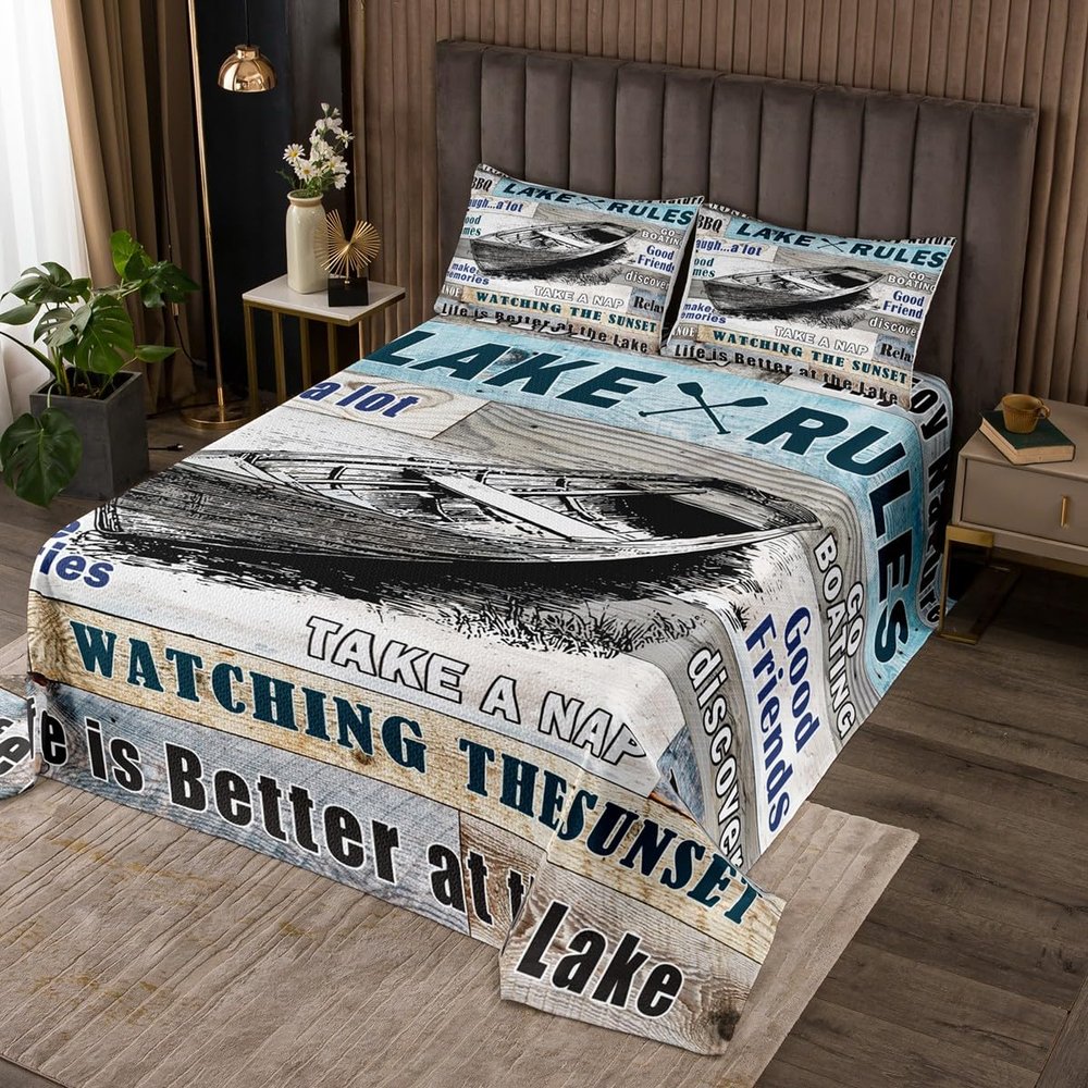Manfei Lake House Theme Kids Bedspread King Size,Boating Fishing Happy Camping Coverlet Set,Girls Boys Adults Room Decor,Old Wooden Board Quilted Coverlet,Rustic Farmhouse Bedding Quilt,2 Pillowcases