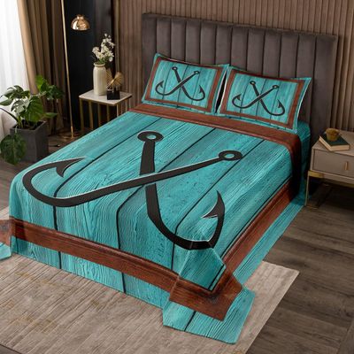 Fish Hook Anchor Kids Bedspread King Size,Lake House Nautical Coverlet Set,Girls Boys Adults Room Decor,Rustic Farmhouse Wooden Plank Cabin Quilted Coverlet,Blue Retro Bedding Quilt,2 Pillowcases