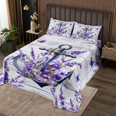 Anchor Nautical Kids Bedspread Queen Size,Purple Lavender Butterfly Romantic Coverlet Set,Girls Boys Adults Room Decor,Old Wooden Plank Rustic Quilted Coverlet,Farmhouse Bedding Quilt,2 Pillowcases