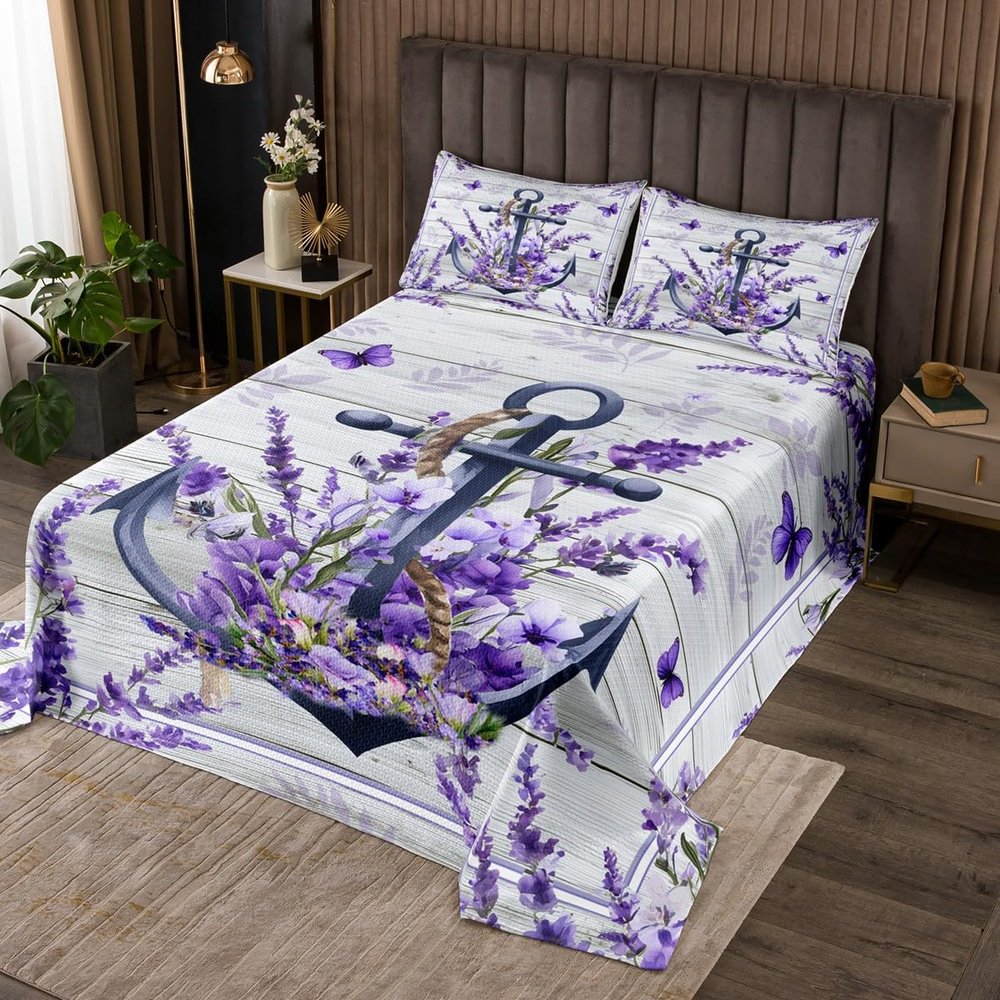 Anchor Nautical Kids Bedspread Queen Size,Purple Lavender Butterfly Romantic Coverlet Set,Girls Boys Adults Room Decor,Old Wooden Plank Rustic Quilted Coverlet,Farmhouse Bedding Quilt,2 Pillowcases