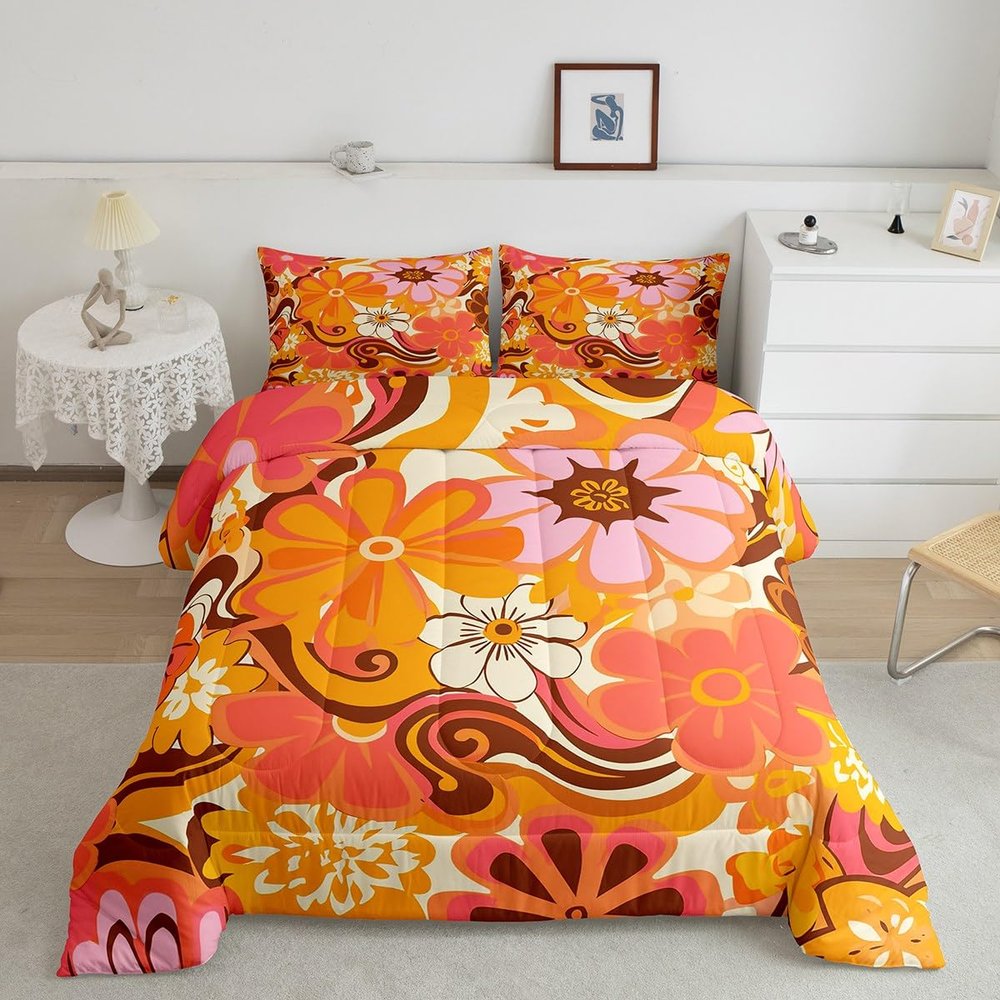 Abstract Bohemian Floral Botanical Comforter Set Full for Girls Women,Mid Century Modern Boho Bedding Set,Groovy Flower Quilt Set,Funky 1960s 1970s Swirls Floral Duvet Insert with 2 Pillowcases