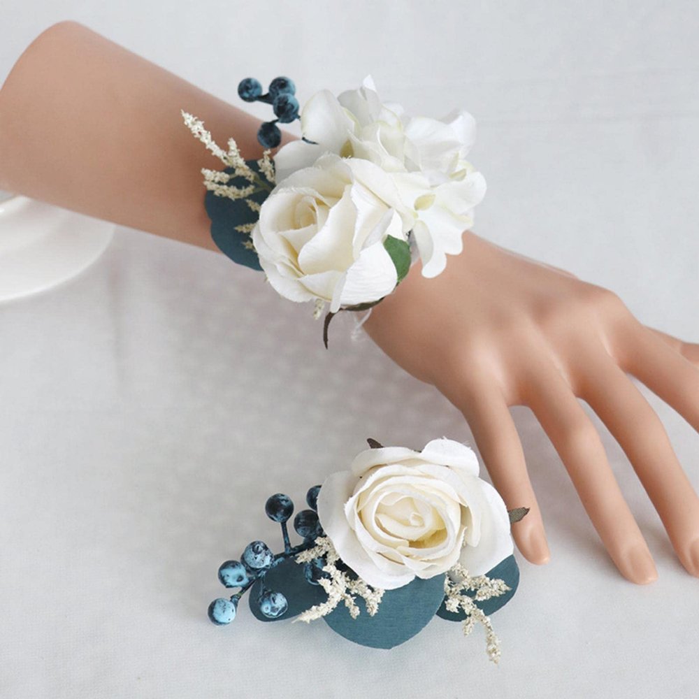 MOJUN Wedding Wrist Corsage and Boutonniere Set for Bride and Groom Artificial Rose and Handmade Silk Bride Wrist Corsage and Men Boutonniere Set for Wedding Prom Party Suit Decor