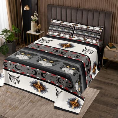 Erosebridal Bull Skull Bedspread Boho Moth Tribal Quilted for Kids Child Boys Girls,Exotic Sun and Moon Coverlet Set Geometric Aztec Decor Western Quilt Set Twin,Bohemian Room Decor Grey